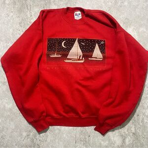 Vintage Rhode Island Sailboats at Night Nautical Crewneck XL Red USA Made